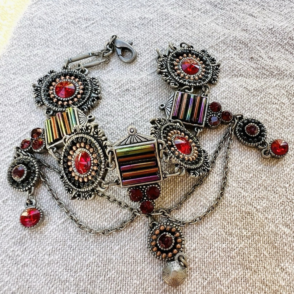Vintage Art Deco Revival Bracelet Red Rhinestones Rainbow Glass Silver Tone - Picture 4 of 8